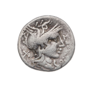 Denarius, Q. Curtius (publisher, fl. 116–115 BC) and M. Silanus (publisher, fl. 116–115 BC).