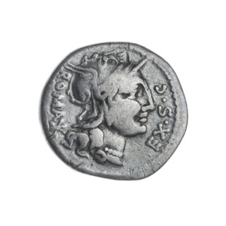 Denarius of M. Sergius Silus, 116–115 BC. Obverse: helmeted head of Roma right; before it the