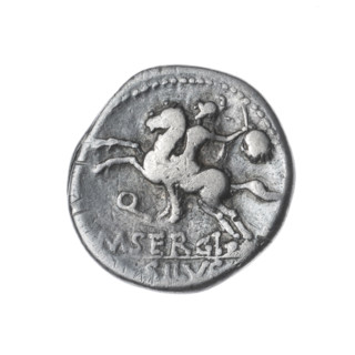 Denarius, Sergius Silus, M. (fl. 116–115 BC), publisher. Obverse: Helmeted head of Roma at right;
