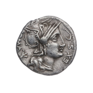 denarius, Sergius Silus, M. (fl. 116–115 BC), publisher; Roma (mythology), horses, helmets, riders,