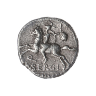 denarius, Sergius Silus, M. (fl. 116–115 BC), publisher; Roma (mythology), horses, helmets, riders,
