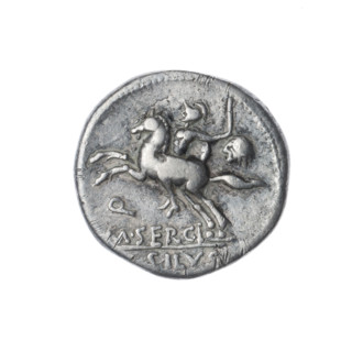 denarius, Sergius Silus, M. (fl. 116–115 BC), publisher; Roma (mythology); horses, helmets, swords,