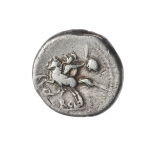 Denarius; issuer: M. Sergius Silus (fl. 116–115 BC), publisher. Obverse: Helmeted head of Roma