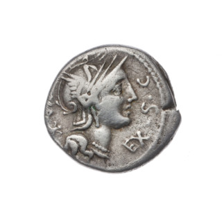 Denarius, Sergius Silus, M. (fl. 116–115 BC), publisher. Obverse: Helmeted head of Roma right; in