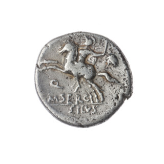 Denarius, Sergius Silus, M. (fl. 116–115 BC), publisher. Obverse: Helmeted head of Roma facing