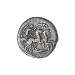 Denarius, Cipius M. (fl. 115–114 BC), publisher. Obverse: Head of Roma in a helmet facing right; in