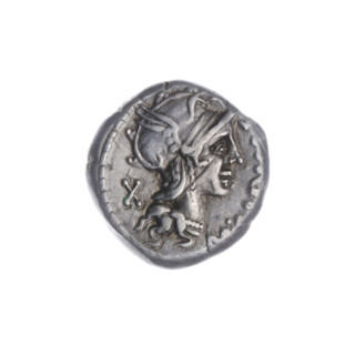 denarius, Cipius, M. (fl. 115–114 BC), publisher; Obv.: Head of Roma in a helmet at right; in front