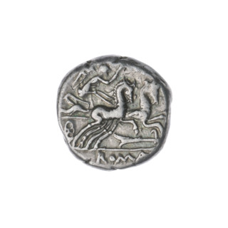 Denarius, publisher M. Cipius (fl. 115–114 BC). Obverse: head of Roma in a helmet right; in front
