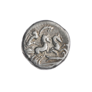 Denarius; issuer: M. Cipius (fl. 115–114 BC), publisher. Obverse: Head of Roma wearing a helmet