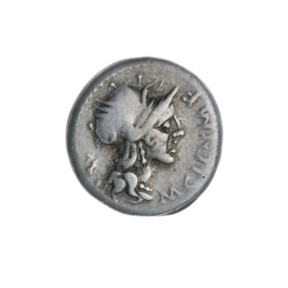denarius, Cipius, M. (fl. 115–114 BC), publisher; Roma (mythology); horses; helmets; bigas; palm