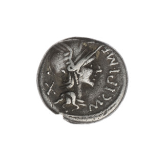 Denarius; maker: M. Cipius (publisher, fl. 115–114 BC). Obverse: Head of Roma wearing helmet facing