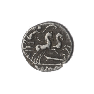Denarius; issuer: M. Cipius (fl. 115–114 BC), publisher. Obverse: Head of Roma wearing a helmet