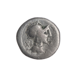 Denarius; issuer: M. Cipius (fl. 115–114 BC), publisher. Obverse: Head of Roma wearing a helmet