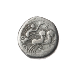 Denarius attributed to M. Cipius (fl. 115–114 BC). Obverse: head of Roma wearing a helmet facing