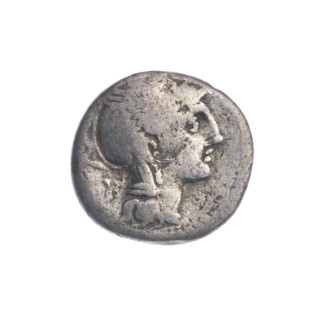 Denarius; obverse: helmeted head of Roma facing right, with a quadrangular device behind; reverse: