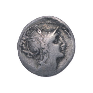 Denarius, Claudius Pulcher, C. (fl. 110–109 BC), publisher. Obverse: head of Roma wearing a helmet