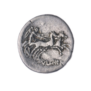Denarius; issuer: C. Claudius Pulcher (fl. 110–109 BC), moneyer. Obverse: head of Roma right,