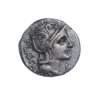 Denarius, Porcius Laeca, P. (fl. 110–109 BC), publisher. Obv.: Head of Roma in a helmet facing