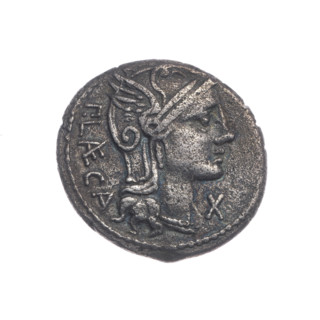 Denarius, P. Porcius Laeca (publisher, fl. 110–109 BC). Obverse: Head of Roma with helmet facing