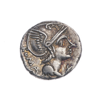 Denarius, issuer L. Flaminius Chilo (fl. 109–108 BC). Obverse: Head of Roma right, wearing helmet;