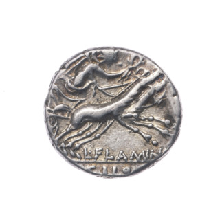 Denarius; issuer: L. Flaminius Chilo (fl. 109–108 BC); Rome; 109–108 BC. Obverse: head of Roma