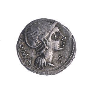 Denarius, Flaminius Chilo, L. (fl. 109–108 BC), publisher. Obverse: head of Roma in a helmet at