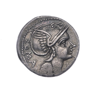 Denarius, Flaminius Chilo, L. (fl. 109–108 BC), publisher; obverse: head of Roma in a helmet right,