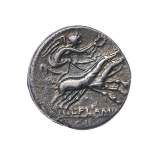 denarius, Flaminius Chilo, L. (fl. 109–108 BC), publisher; bigas, horses; laurel wreath