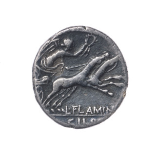 denarius, Flaminius Chilo, L. (fl. 109–108 BC), publisher; bigas, horses; message; laurel wreath