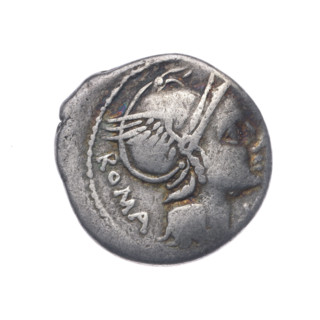 Denarius; issuer: L. Flaminius Chilo (fl. 109–108 BC). Obverse: head of Roma in a helmet facing