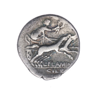 Denarius; issuer: L. Flaminius Chilo (fl. 109–108 BC). Obverse: head of Roma right, wearing a