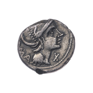 Denarius, publisher L. Flaminius Chilo (fl. 109–108 BC). Obverse: head of Roma in a helmet at