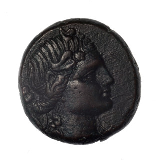 Bronze coin, Pantikapaion; obverse: head of young Dionysus in an ivy wreath facing right; reverse: