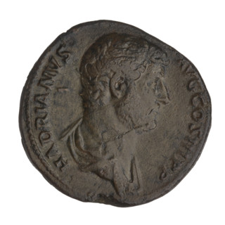 Sestertius of Hadrian (76–138; Roman Emperor 117–138). Obverse: Bust of Hadrian facing right in