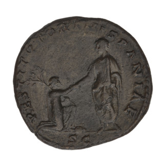 Sestertius of Hadrian (76–138; Roman Emperor 117–138). Obverse: bust of Hadrian facing right in