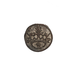 Crown denarius of Sigismund I the Old (King of Poland, reign 1506–1548). Obverse: crown flanked by