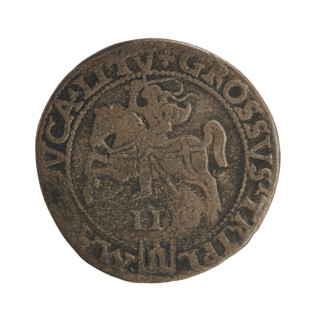 Trojak (coin) of Sigismund II Augustus (King of Poland, 1544–1572). Obverse: crowned male bust in