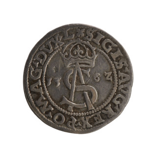 Lithuanian trojak, Sigismund II Augustus (King of Poland; 1544–1572). Obverse: under the crown a