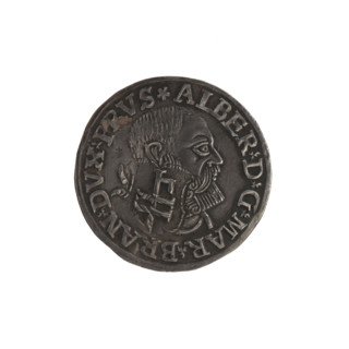 Three-piece coin with the countersignature of the City of Gdansk from 1577. Obverse: male bust in