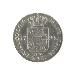 Gold crown (coin), 1794. Obverse: head/portrait of Stanislaw August (Stanislaw August Poniatowski),