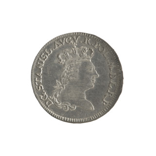 Six-coin, Brückmann, Szymon (fl. 1764–1768). Obverse: right-facing crowned head of Stanislaw August