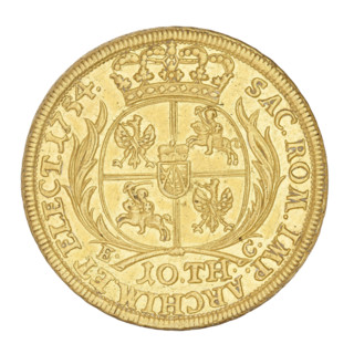 Double Augustor; maker: Ernest Dietrich Croll (fl. 1753–1763); subject: August III the Saxon (King