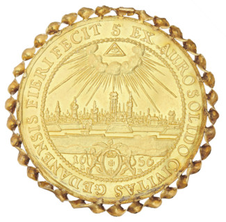 Gdansk donative 5 ducat, 1656. Obverse: bust of King John II Casimir Vasa (right profile) wearing a