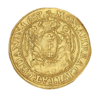 Gdansk ducat, Lesse, Daniel (1656–1685); John II Casimir Vasa (King of Poland, 1648–1668). Obverse: