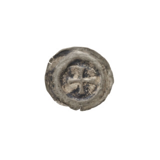 Denarius bracteate, one-sided coin; iconography: Greek (equal-armed) cross with ends of the arms
