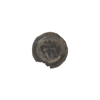 Denarius (bracteate); triangular shield with a cross whose arms reach the edge; two balls above the