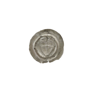 Denarius - bracteate; one-sided coin depicting a triangular shield with a cross whose arms reach