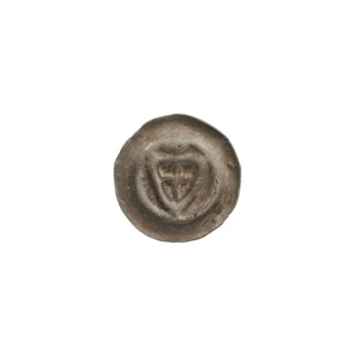 Denarius bracteate; one-sided coin depicting a triangular shield with a cross whose arms reach the