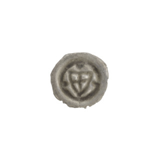 Denarius (bracteate). One-sided coin depicting a triangular shield with a cross whose arms reach