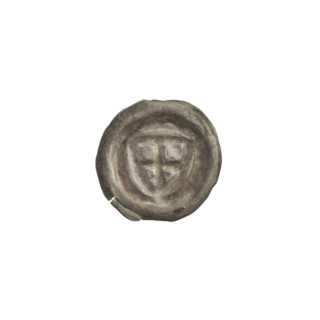 Denarius - bracteate; triangular shield with a cross whose arms reach the edge; shields; one-sided